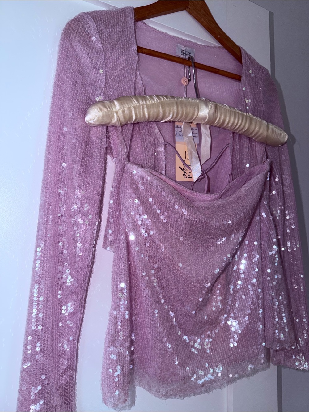 Oh Polly Dusty Pink Sequin Long Sleeve Blouse and skirt - Picture 2 of 6